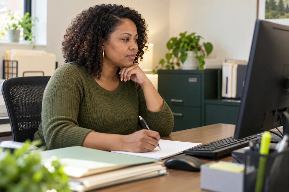 Illustrative healthcare administrator reviewing a monitor and paper notes in a clinic office.